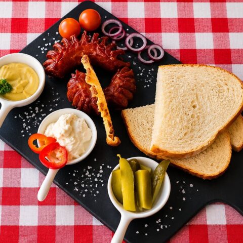 Crispy fried Debreceni sausage with cheese spread mustard pickles and bread