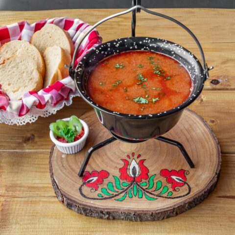 Hungarian bean goulash soup with smoked meat bacon and beans